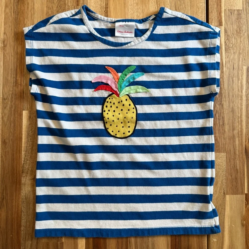 Hanna‎ Andersson Girl Blue Striped Pineapple Applique Tee Shirt Size 120 6-7